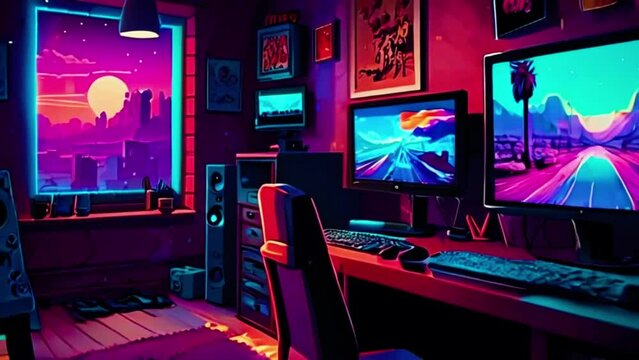 Room filled with retro gaming posters, old gaming consoles, soft neon lights, and a computer displaying a pixel art screensaver, vtuber asset twitch zoom OBS,. 4k Lofi music background Animation Video