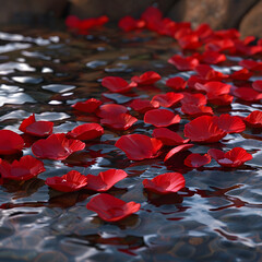 3d illustrated red petals on stream AI generated