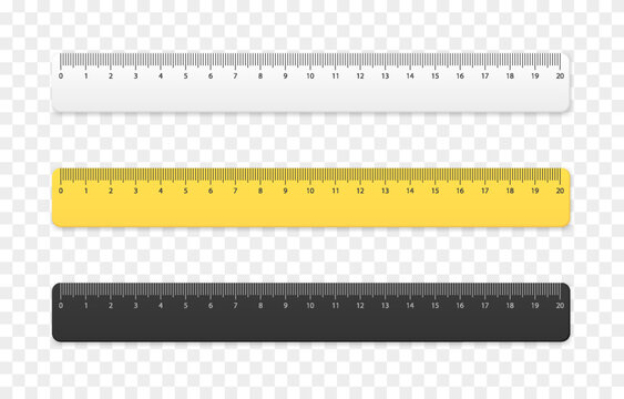 Set of realistic vector rulers png. Yellow, white, black ruler. Twenty centimeter ruler. School supplies png.