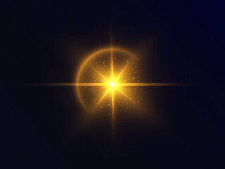 The PNG light effect is a bright yellow light with many specular reflections, a translucent reflection of a light lens. Light effect for art design. Vector 10 EPS