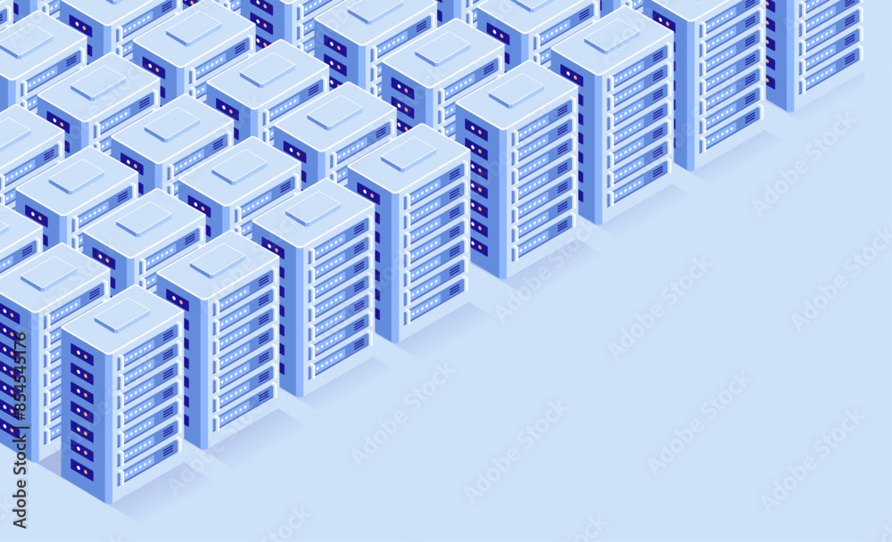 Poster data servers - big data server park with rows of technology towers for network cloud and internet st