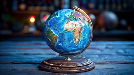 A detailed globe on a wooden table with a dark background, showcasing continents and oceanic details in a realistic, illuminated setting.