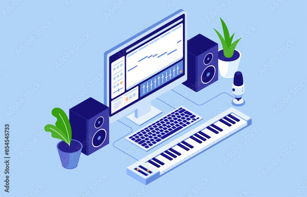 Poster making music on computer - desktop pc screen with music production software on screen, keyboard and 