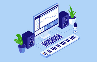 Making music on computer - Desktop PC screen with music production software on screen, keyboard and speakers. Audio home production concept in flat design isometric view vector illustration