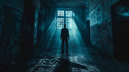 Eerie shadow in the dim deserted structure. Horror themed around the concept of a maniac.
