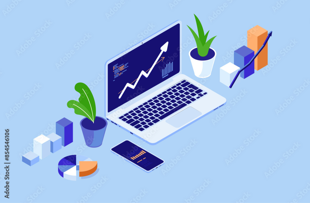 Aufkleber financial work on computer - laptop with rising arrow on screen, graphs and charts. finances growth 