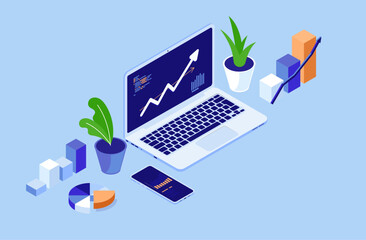 Financial work on computer - Laptop with rising arrow on screen, graphs and charts. Finances growth and occupation concept in flat design isometric view vector illustration
