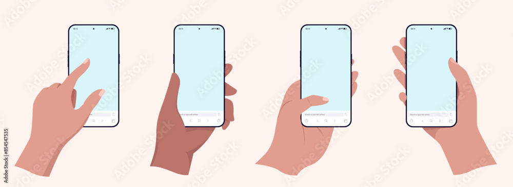 Fototapete Hand holding mobile phone mockup vector template collection - Set of illustration graphics with smartphones in hands and blank empty web browser screen. Flat design with beige background