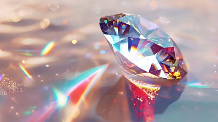 Realistic white diamond with colorful light reflections.