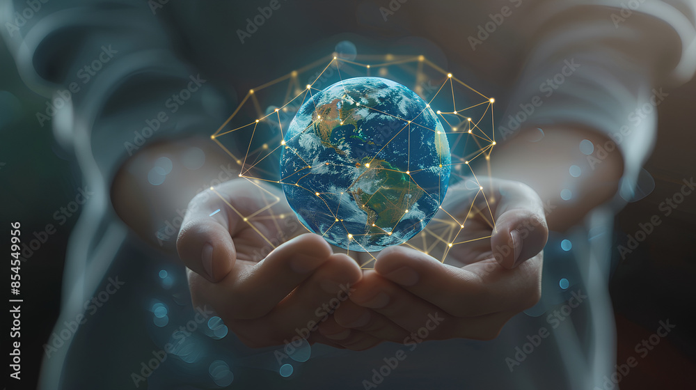 Wall mural abstract palm hands with global network connections, innovative technologies in the field of science