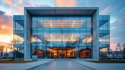 Obraz premium A large building with a glass facade and a large entrance