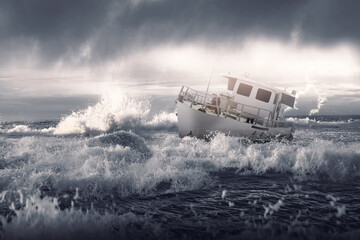 A boat is in the water and is being pushed by the waves