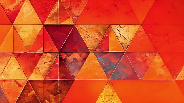 Geometric Patchwork A mix of triangular square and hexagonal tiles in vibrant hues of red orange and yellow creating a dynamic and bold patchwork pattern.