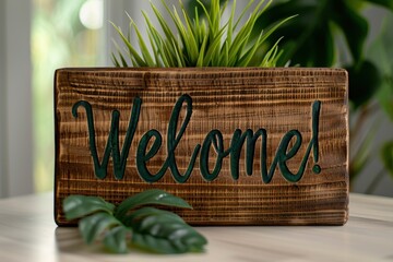 Wooden welcome sign with lush green plants