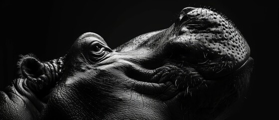 Black and white photo of a hippopotamus's head tilted up.