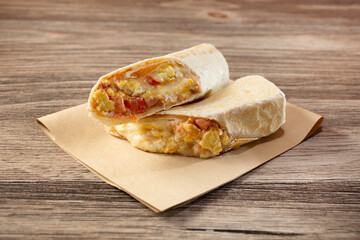 A view of a breakfast burrito.