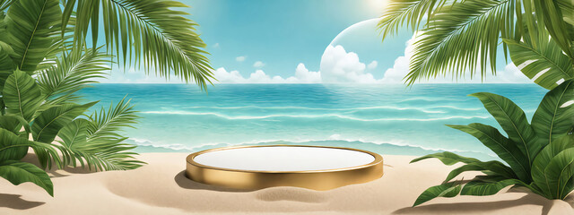 Fototapeta premium Beach podium summer background sand product 3D sea display platform. Beach podium summer banner stand scene sale sky holiday vacation stage water island sun travel pedestal promotion presentation ad.