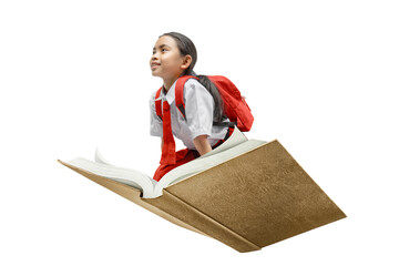 Portrait of an Asian Elementary School student girl in uniform with a backpack sitting on the...