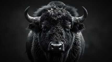 Naklejka premium A majestic black bull with large horns stares intently at the camera, its powerful presence filling the frame.