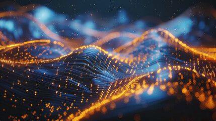 Abstract wave with moving dots and lines. Flow of particles. Cyber technology illustration