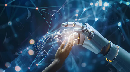 AI, Machine learning, Hands of robot and human touching on big data network connection background, Science and artificial intelligence technology, innovation and futuristic