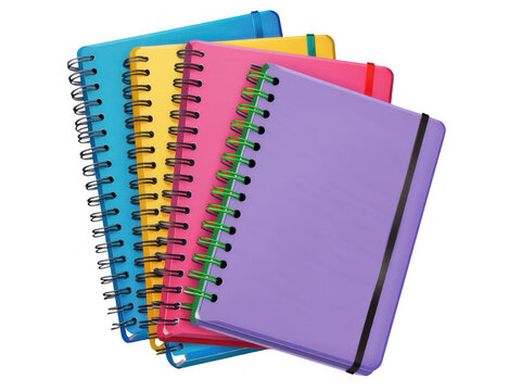 Colorful spiral-bound notebooks stacked in overlapping arrangement on a PNG Transparent Background