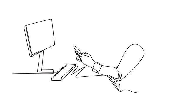 Animated self drawing of continuous line draw of young manager typing message on smartphone and sending to his colleague while siting at office. Text messaging concept. Full length one line animation