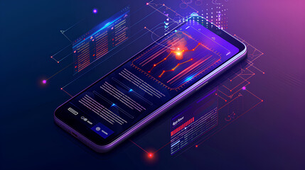 Application of Smartphone with business graph and analytics data on isometric mobile phone. Analysis trends and software development coding process concept. Programming, testing cross platform code