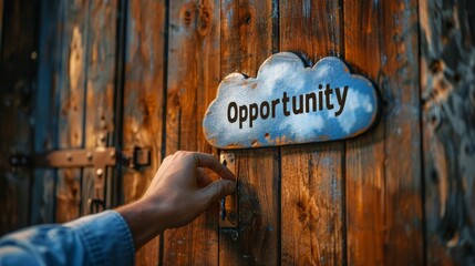 Hand opening the wooden door and see "Opportunity" text cloud in the Sky.