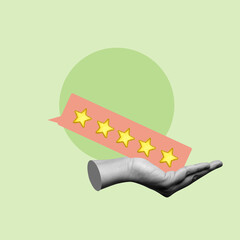 Statue hand holding five star rating on green background for feedback concept
