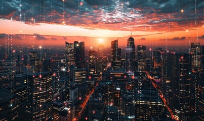 Fototapeta premium A dynamic business team collaborates on developing a futuristic digital city, using advanced technology and innovative ideas to create smart urban solutions The team is engaged in brainstorming