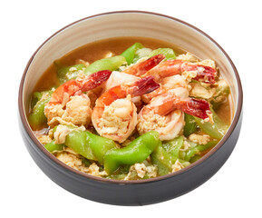 Stir Fried Luffa with Eggs and Shrimps isolated on white background. sweet taste and soft. Asian food.