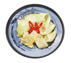 Top view of Fried cabbage top with sliced chili isolated on white background.