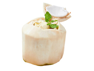 Coconut ice cream scoop into fresh coconut shell topped with mint leaves isolated on white background. Creamy white ice cream with sweet flavor. Very popular in Thailand.