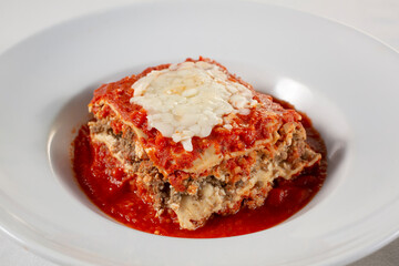 A view of a bowl of lasagna.
