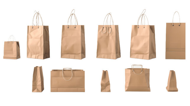 Blank paper bags set Isolated on transparent background PNG 3d rendering shooping bag