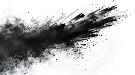 Black chalk pieces and powder flying, explosion effect isolated on white