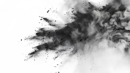 Black chalk pieces and powder flying, explosion effect isolated on white