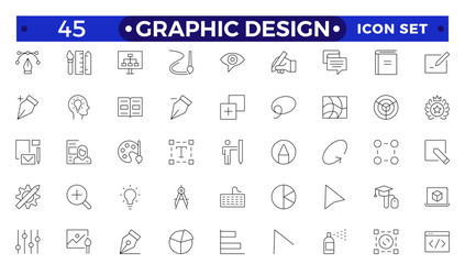 Set of outline icons of graphic design. Simple linear icons in a modern style flat, Creative Process. Graphic design, creative package, stationary, software.Minimal Graphic Design related icon set.