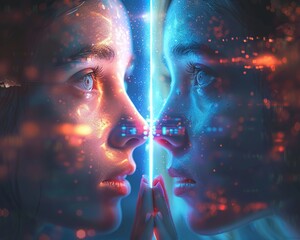 Imagine an engaging design featuring two individuals at eye level, each reaching out to touch a mysterious, glowing barrier separating their parallel universes The composition should 