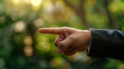 The man in the suit pointed his finger at the empty space beside him. with a blurred green background His confident demeanor stands out against the tranquil natural backdrop.