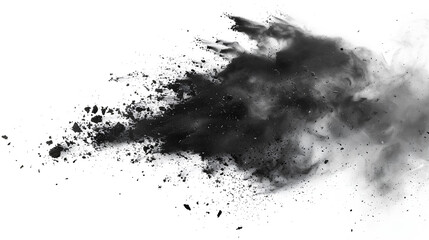 Black chalk pieces and powder flying, explosion effect isolated on white