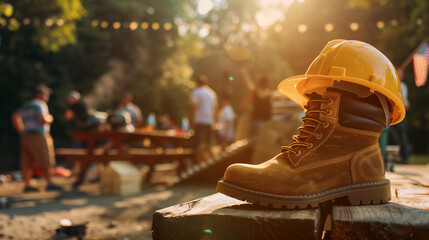 Close-Up of Work Boots and Hard Hat at an Outdoor Event. A detailed close-up shot of a pair of brown work boots and a yellow hard hat resting on a wooden surface.