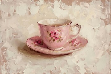 Fototapeta premium Oil painting of on pale tea cup saucer coffee drink.