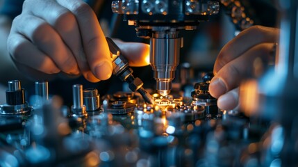 A close-up photograph of an engineer's hands working on an electromechanical device, using precision tools to assemble small parts, highlighting the meticulous craftsmanship and te