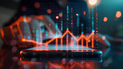 Businessman using mobile smartphone and icon network connection data with growth graph customer, digital marketing, banking and payment online, analysis and planning of business