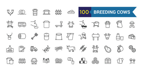 Breeding cows icons set outline vector. Dairy milk. Eat farm. Outline icon collection. Editable stroke.