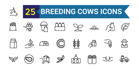 Breeding cows icons set outline vector. Dairy milk. Eat farm. Outline icon collection. Editable stroke.