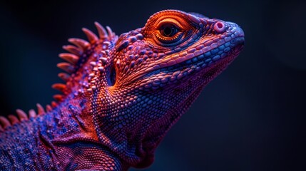 Fototapeta premium A close-up portrait of a colorful lizard with vibrant scales. The lizard's eye is focused and alert, with a dark background.