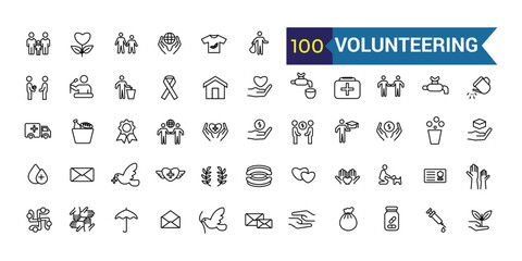 Volunteering icons set. Outline set of volunteering icons for ui design. Outline icon collection. Editable stroke.